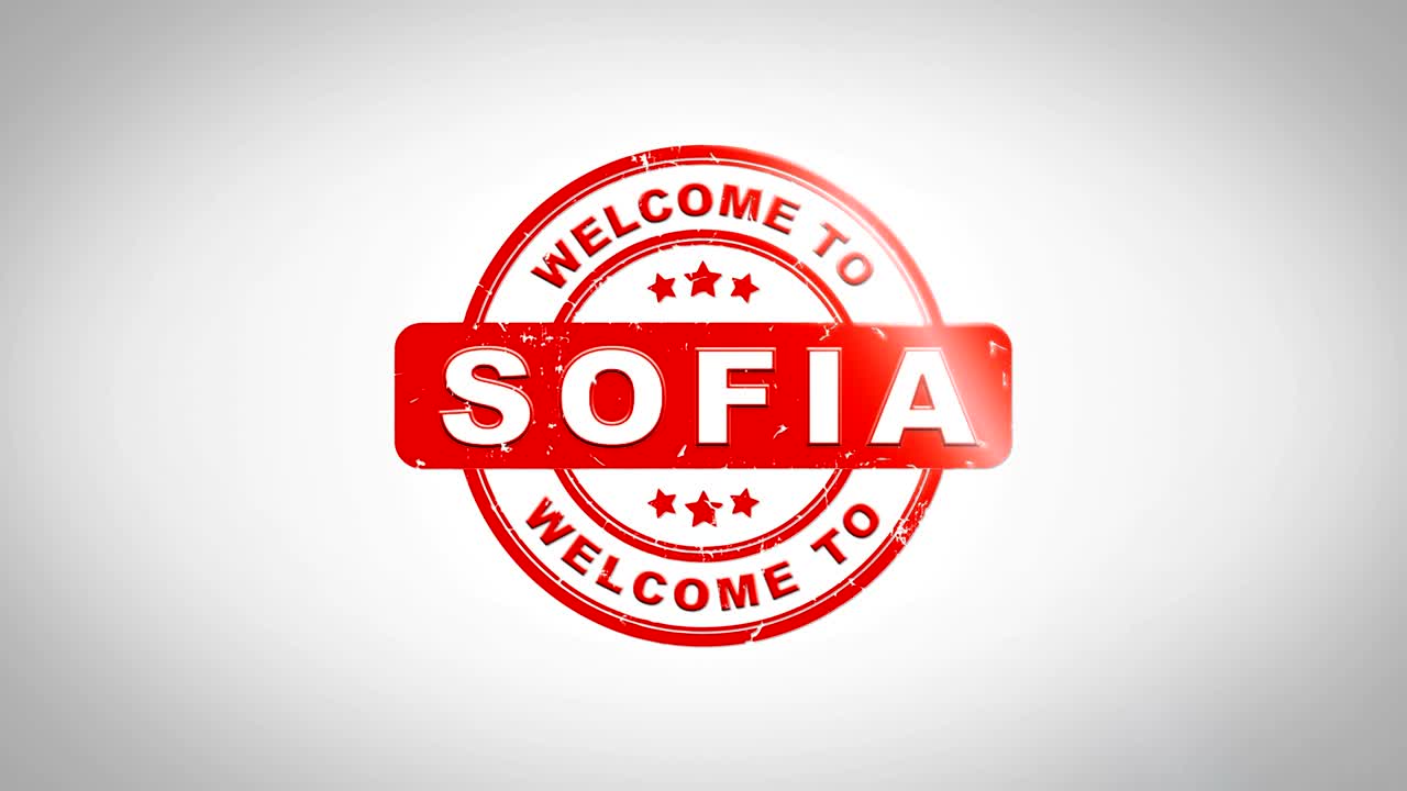 Welcome to SOFIA  Signed Stamping Text Wooden Stamp Animation. Red Ink on Clean White Paper Surface Background with Green matte Background Included.
