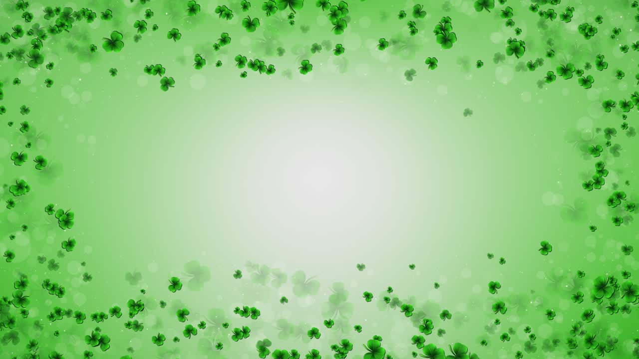 Sfondo 4K Giorno di San Patrizio, trifoglio verde, foglie di trifoglio, coriandoli e glitter in caduta.