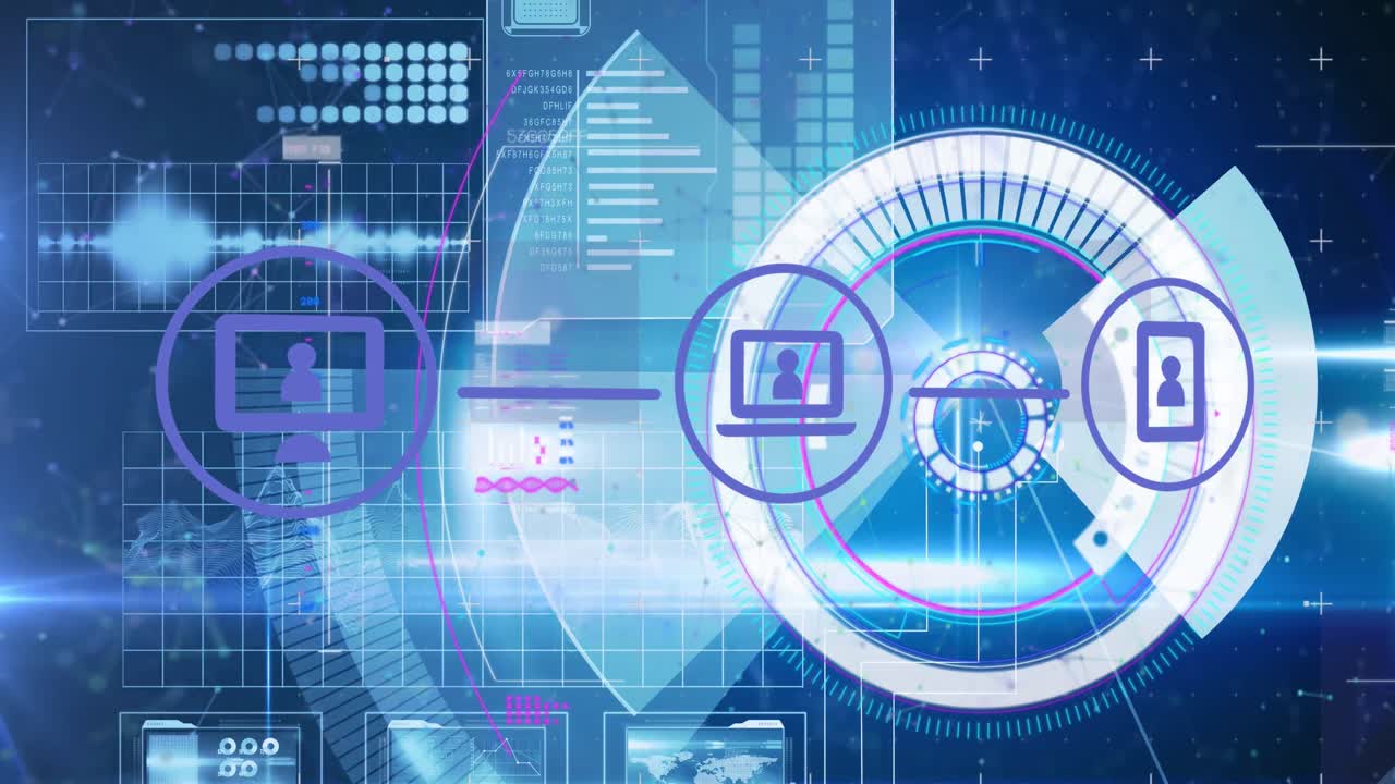 파란색 배경에 데이터 처리에 대한 기술 아이콘의 애니메이션