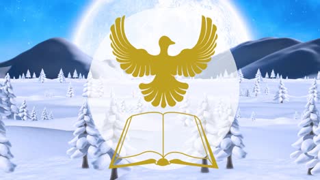 Animation-of-holly-bible-and-dove-over-christmas-snow-globe-in-winter-landscape