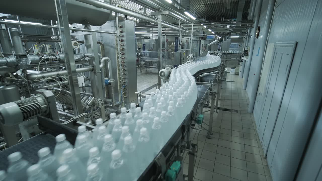 Conveyor belt with bottles of drinking water at a modern beverage plant
