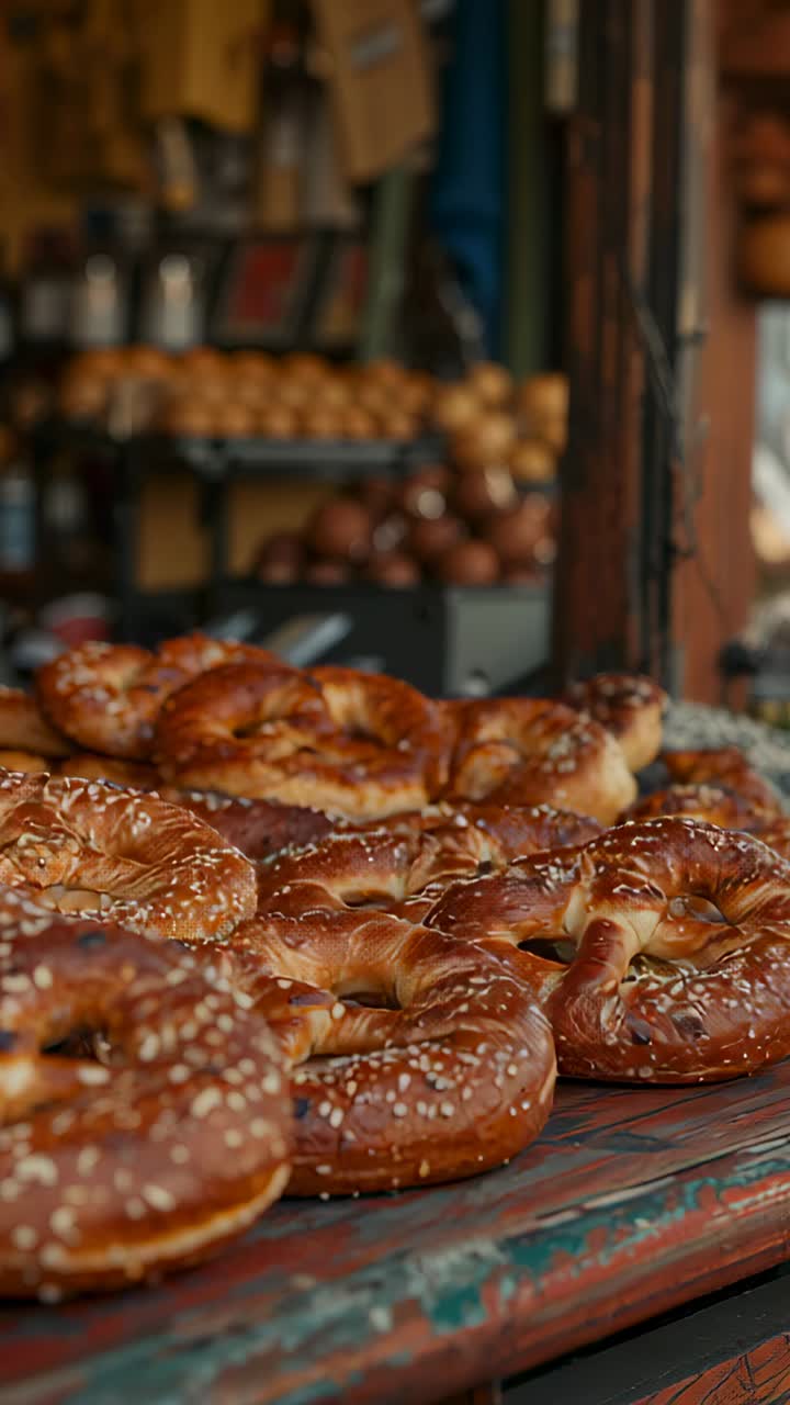 Vertical video: Panning over sesame pretzels at market, vendors adjusting display for neat order