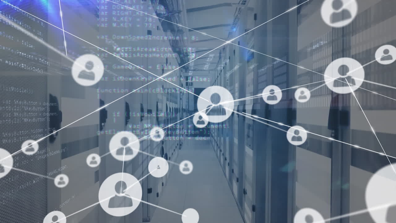 Animation of network of connections with icons and data processing over server room