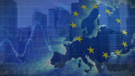 animation of flag of european union and map over office buildings in city