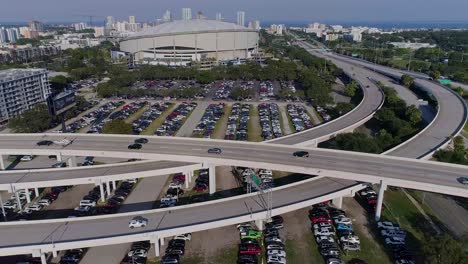 4K-Aerial-Drone-Video-of-Tropicana-Field-and-Full-Parking-Lots-next-to-Interstate-275-in-Downtown-St