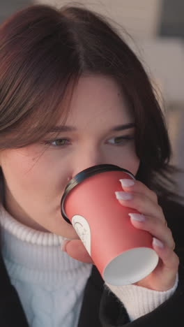 freelancer in black coat and white turtle neck sips coffee thoughtfully before gently setting the cup down, background features wooden chair and flower