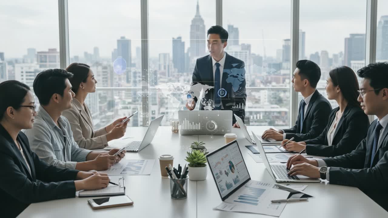 Dynamic Business Meeting: Engaging Professionals Collaborate and Strategize in Modern Office with Urban Skyline View, Showcasing Team Discussion and Technology