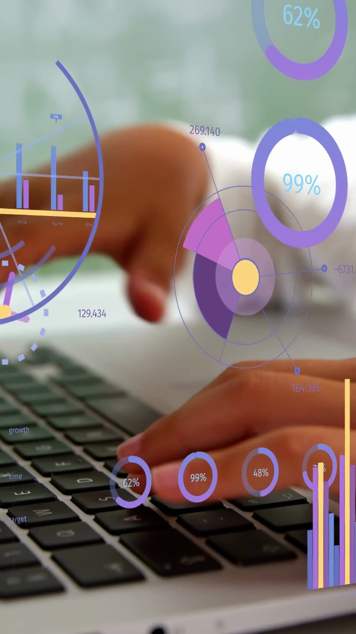 Vertical video: Child pressing laptop keys and generating animated radial charts for education task