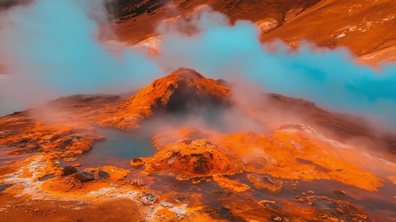 Breathtaking geothermal landscape featuring vibrant orange terrain and ethereal steam clouds rising above a serene blue pool, showcasing nature's raw beauty and geothermal activity
