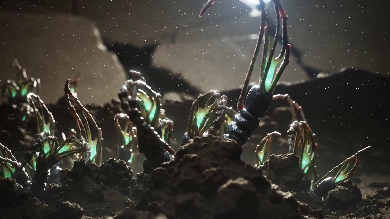 Un amas d'organismes lumineux émerge dans une grotte, s'orientant vers une forte contre-lumière, déployant des lames vertes.