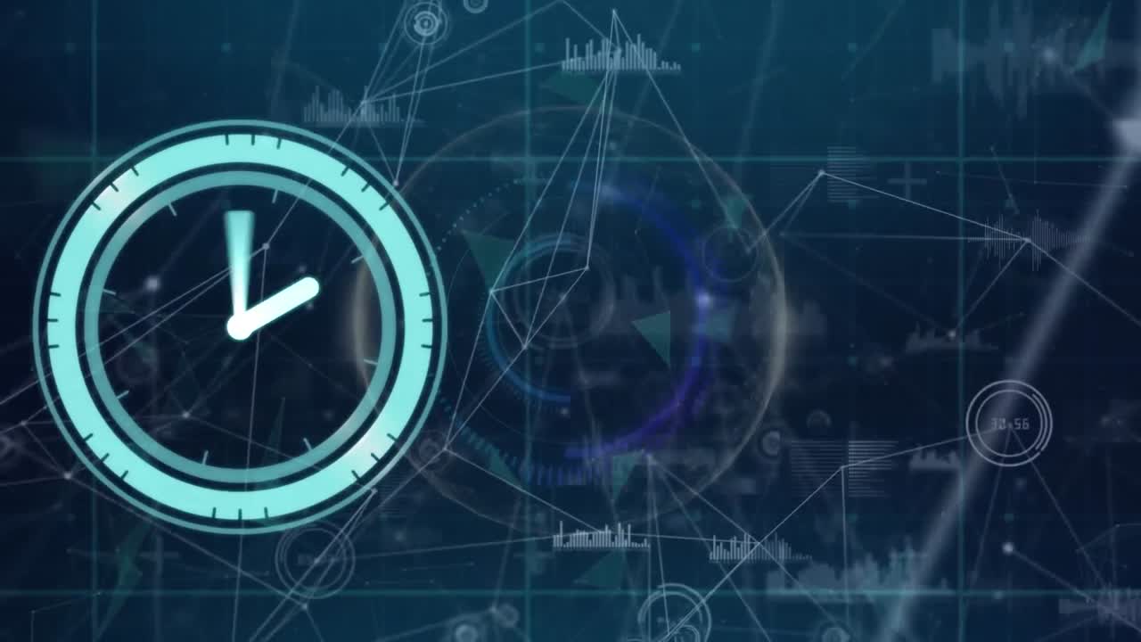 Animazione di orologio al neon che ticchetta su una rete di connessioni e un globo su sfondo blu