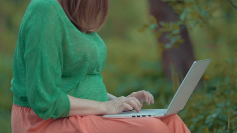 pregnant woman working with laptop outdoor