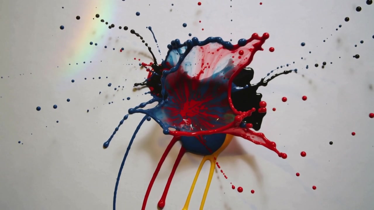 Kollidierende schwarze, blaue, rote und gelbe Farbspritzer bilden einen kronenförmigen Spritzer auf einer weißen Platte, der einen Regenbogen zeigt.