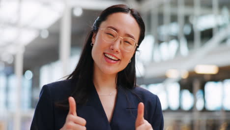 thumbs up, walking and face of business woman