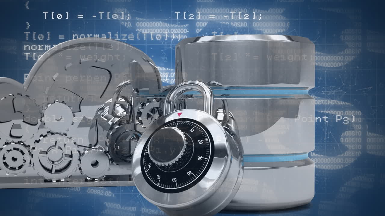 animación del candado, los engranajes de plata y el servidor a través del procesamiento de datos