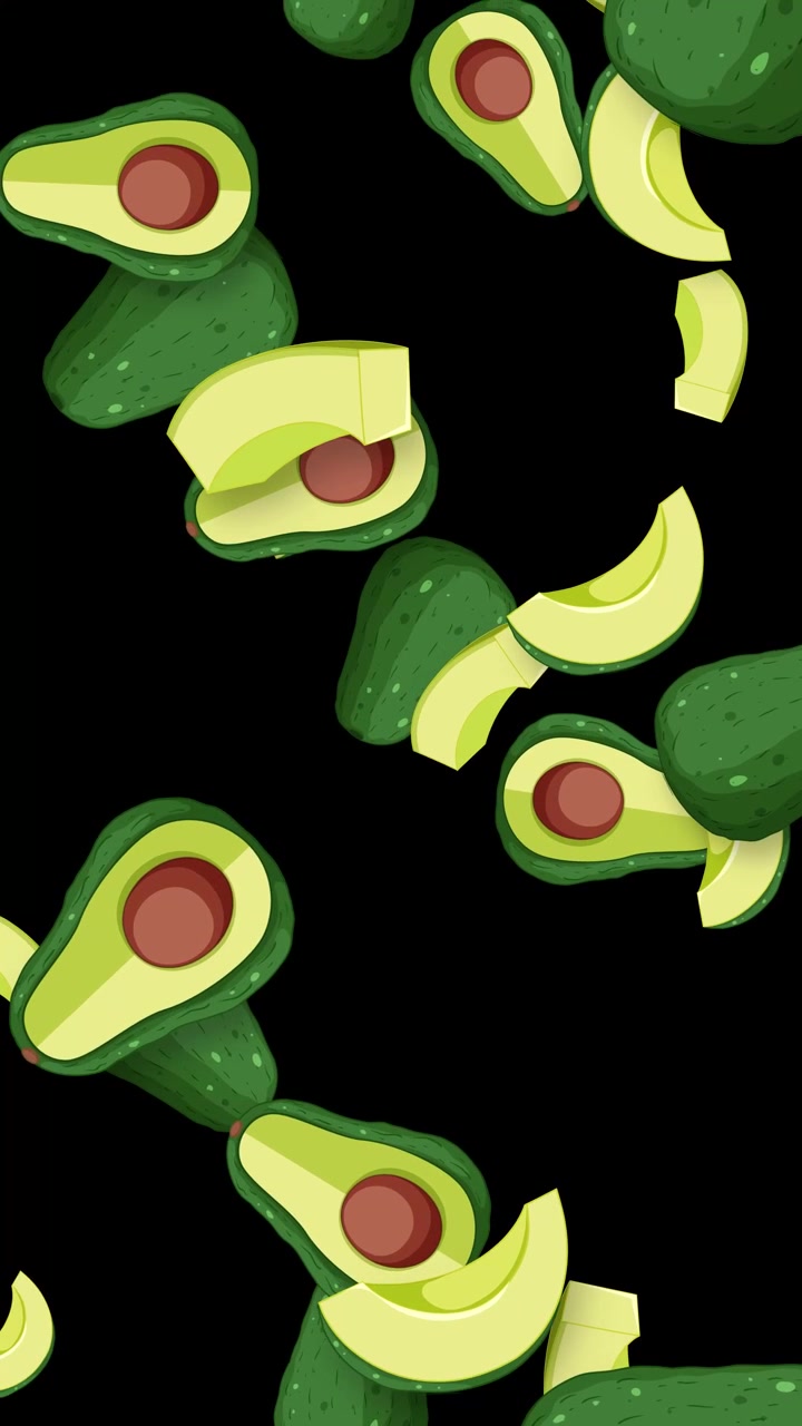 Avocado stilizzati interi, a metà e a fette cadono verticalmente su uno sfondo nero uniforme