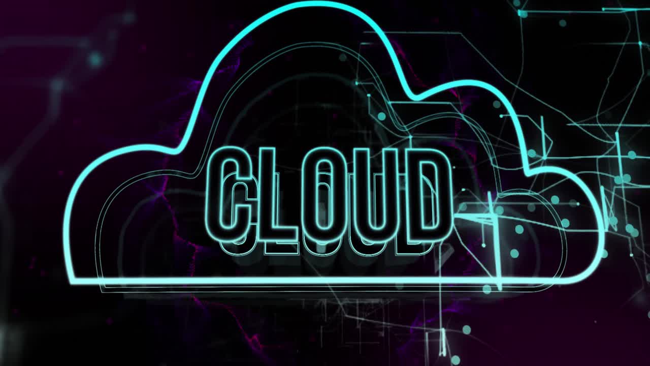 animación de texto en la nube e icono con procesamiento de datos