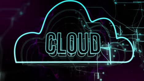 animación de texto en la nube e icono con procesamiento de datos