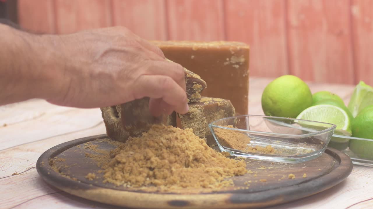 Grattugiare un blocco di papelón su una tavola di legno con lime in vista
