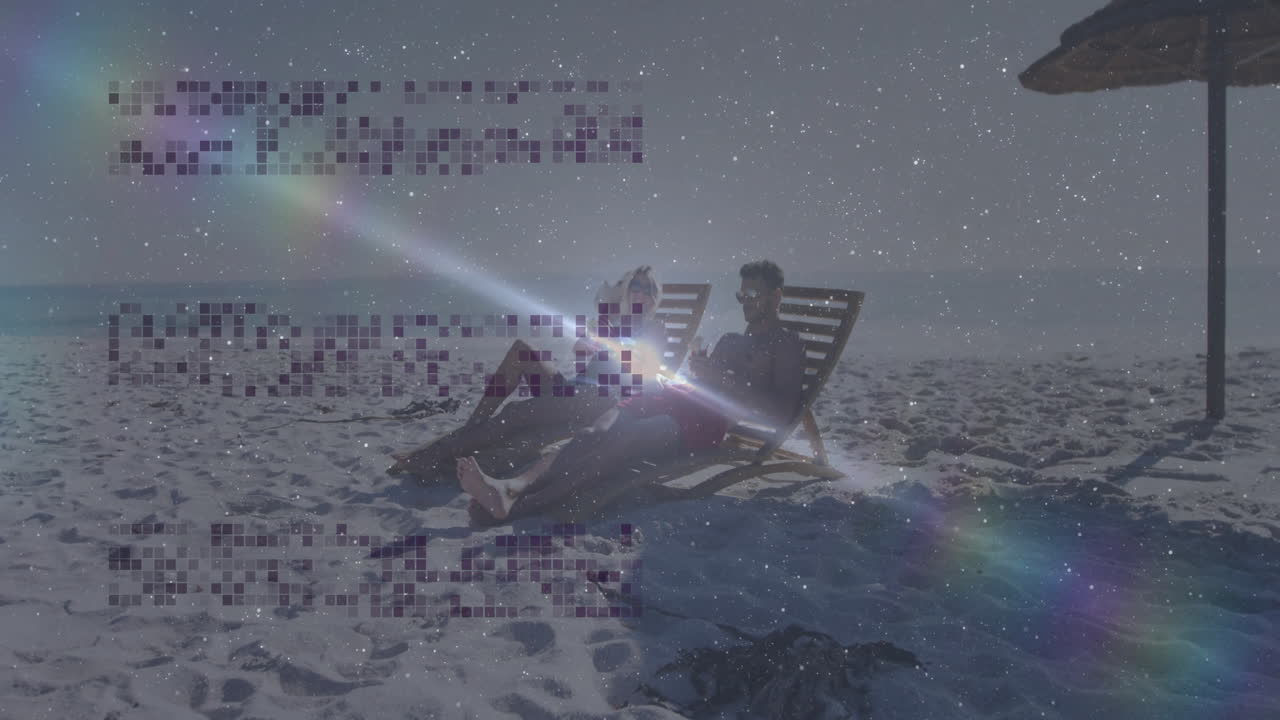 Couple relaxing on beach chairs with digital data animation overlaying scene