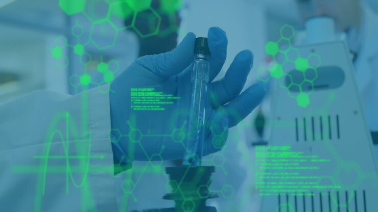 Animation of scientific data processing over scientist in laboratory