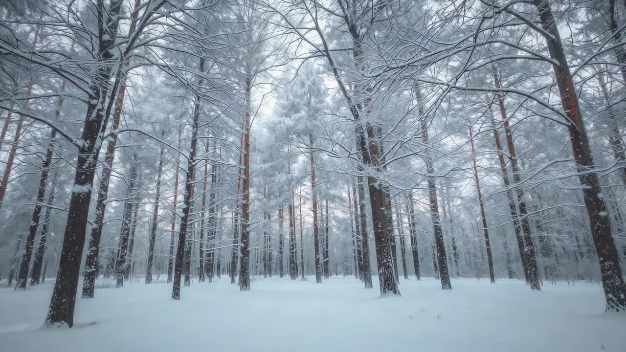 Kamera, der skubbes ind i en snedækket fyrreskov med et sekunds mellemrum, og som afslører træstammer, grene og overskyet himmel