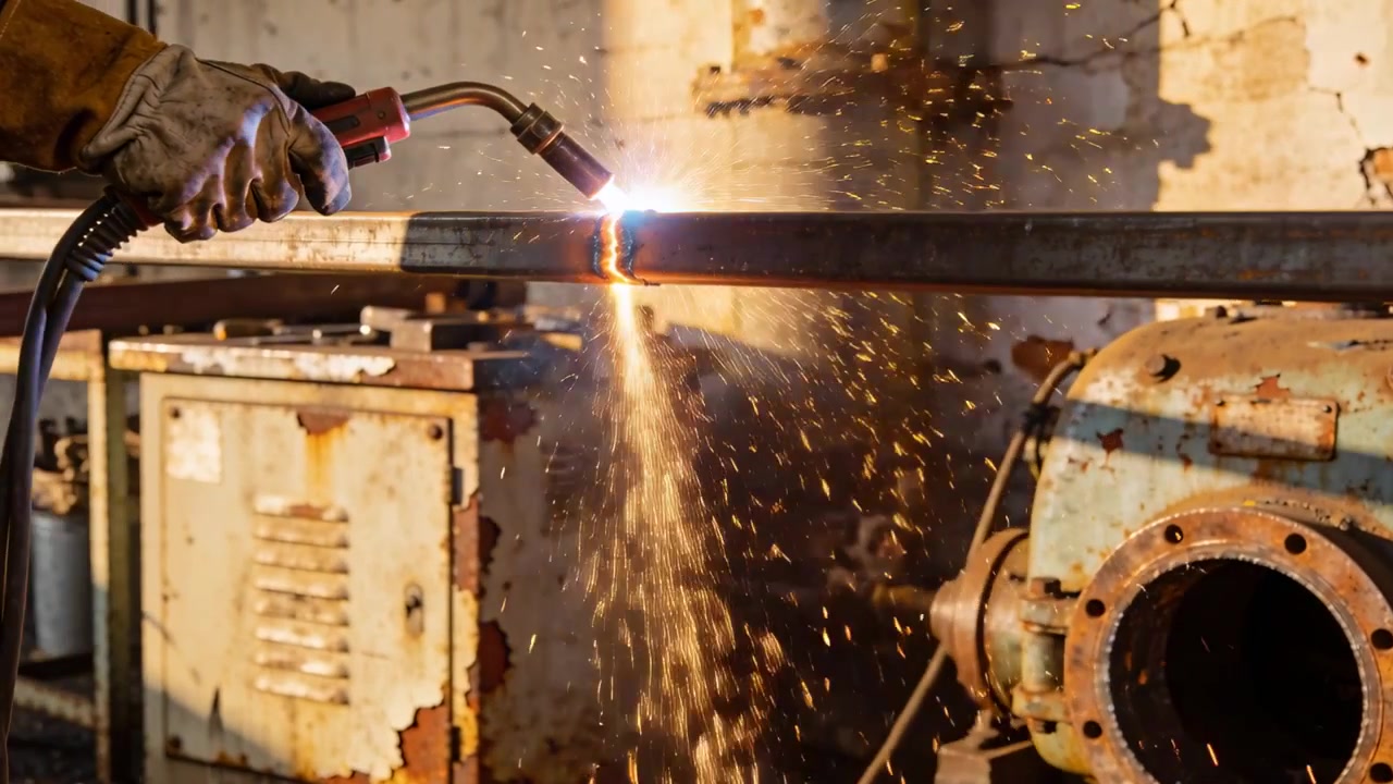Torcia che tocca la trave, un braccio guantato taglia una trave d'acciaio in officina, spruzzando scintille incandescenti, con spazio per il testo.