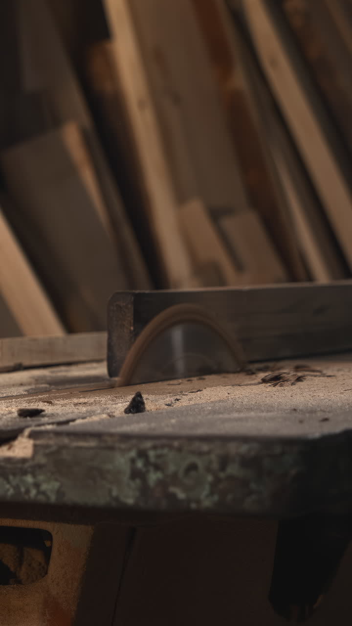 Stack Of Cut Wood Strips Beside Sanding Machine On Dusty Bench, Assorted Offcuts And Panels Leaning. Media