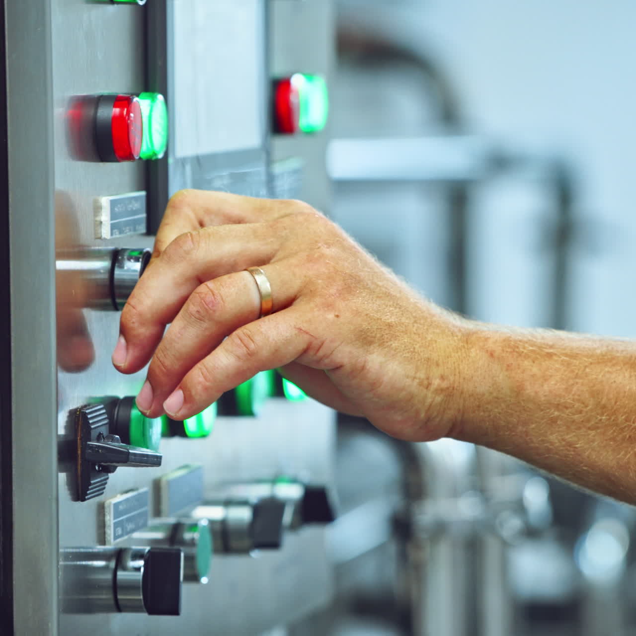 Worker's hand pressing buttons of a mechanical machine at manufacturing plant. Automated equipment in a modernized dairy factory.