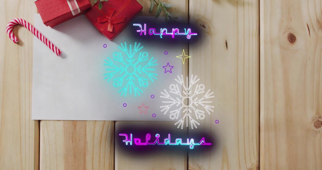 Augurio natalizio animato al neon con fiocchi di neve e musica natalizia