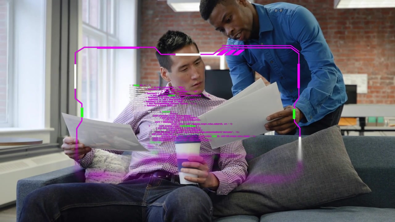 Vertical video: Man with mug turning as coworker handing docs, magenta HUD overlaying tech review
