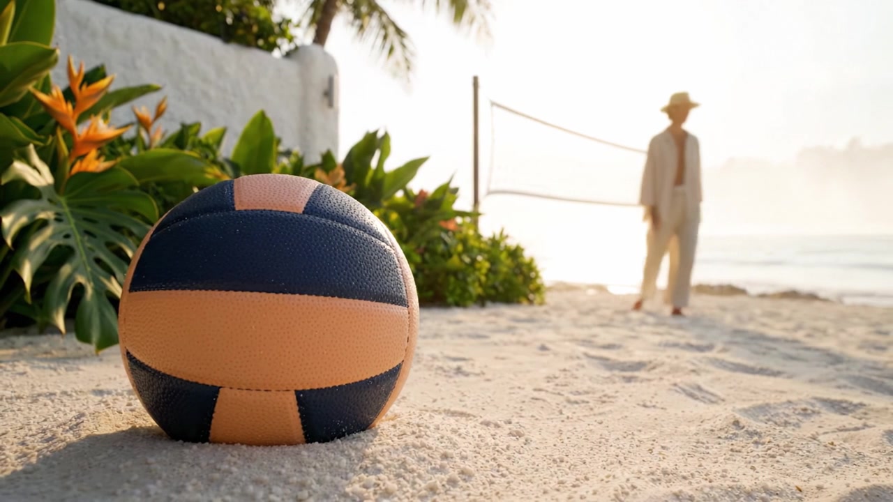 Un vibrante momento de voleibol de playa capturado al atardecer, mostrando un balón colorido descansando en la arena con exuberante follaje tropical al fondo.