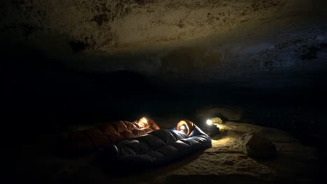 overnight cave camping with headlamps