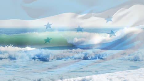 digital composition of waving honduras flag against waves in the sea