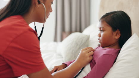 breathing, doctor and sick child in the bedroom