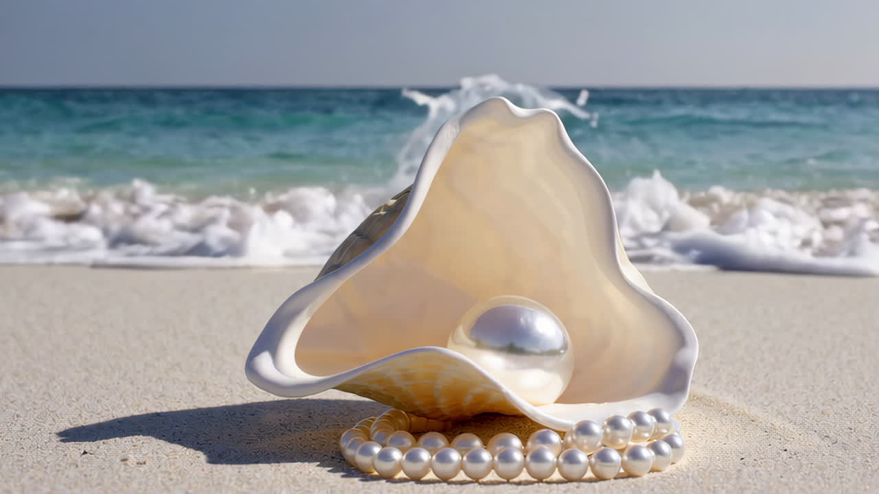Beautiful Pearl in a Seashell on the Beach