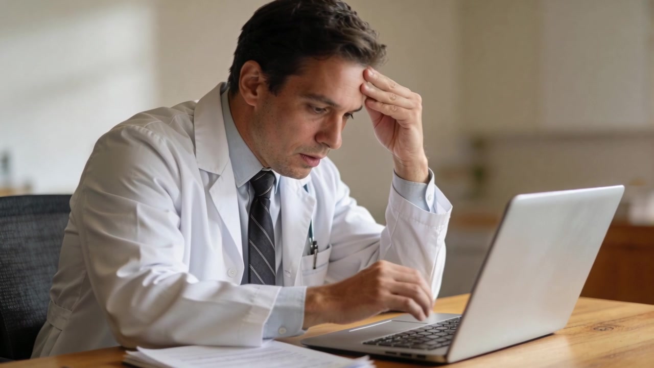 Medico in camice da laboratorio che legge il portatile, strofinandosi la fronte mentre digita in ufficio, esaminando i registri.