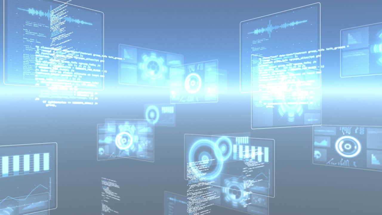 다중 둥근 스캐너의 애니메이션과 파란색 배경에 대한 빛의 흔적에 대한 데이터 처리