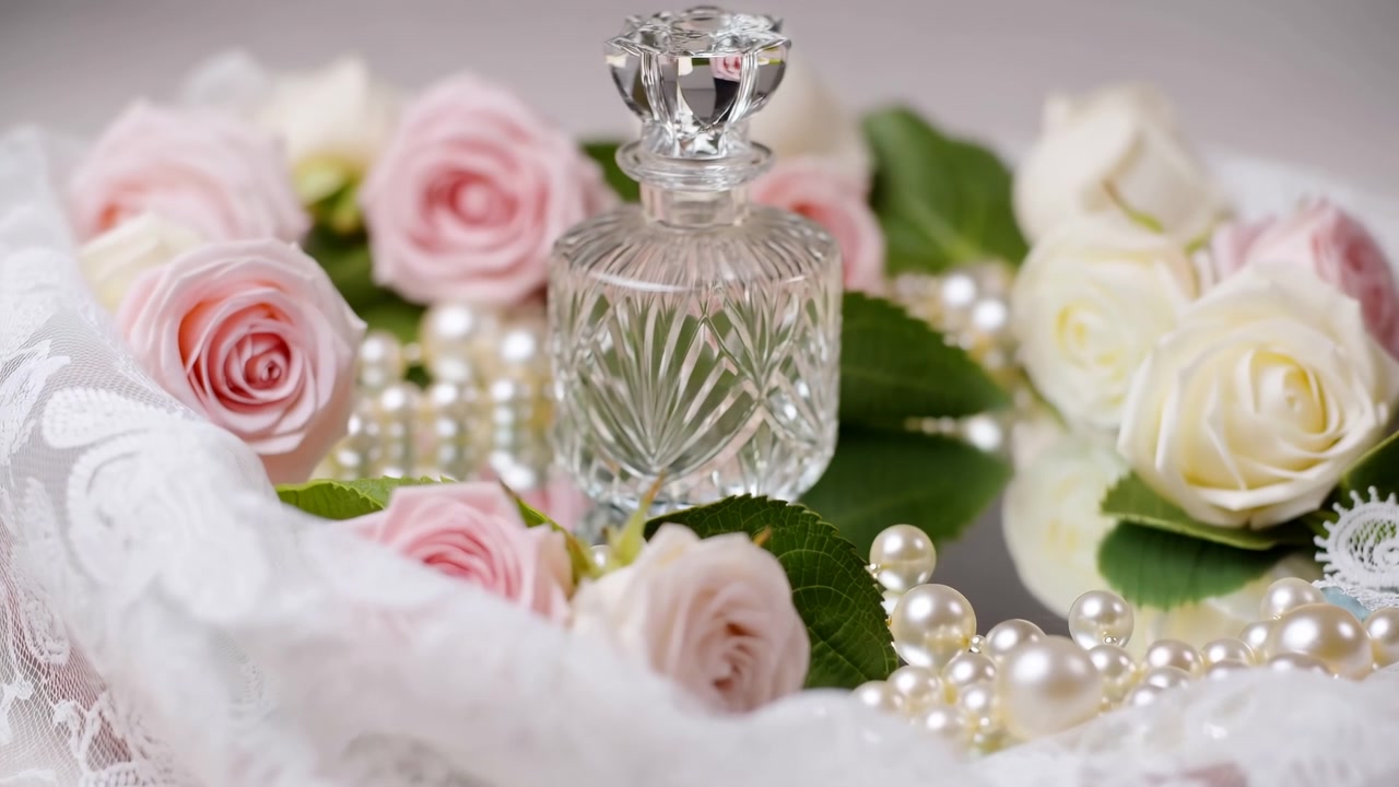 Bottiglia di profumo con rose delicate e perle appoggiata su pizzo, decanter di cristallo circondato da rosa pastello e avorio