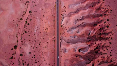 Toma-De-Drones-De-Arriba-Hacia-Abajo-Volando-Sobre-Una-Carretera-Que-Atraviesa-El-Parque-Nacional-De-Talampaya-En-La-Rioja,-Argentina,-Mientras-Un-Automóvil-Blanco-Atraviesa-La-Toma.