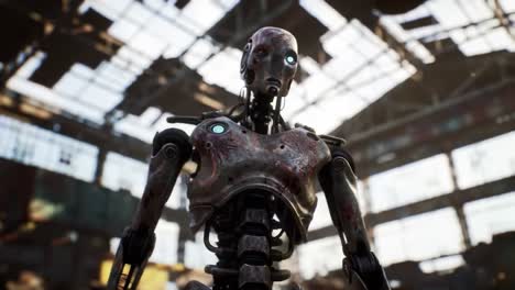 a reimagined robotic entity stands in an abandoned industrial space, showcasing an intricate design with illuminated features and a weathered appearance