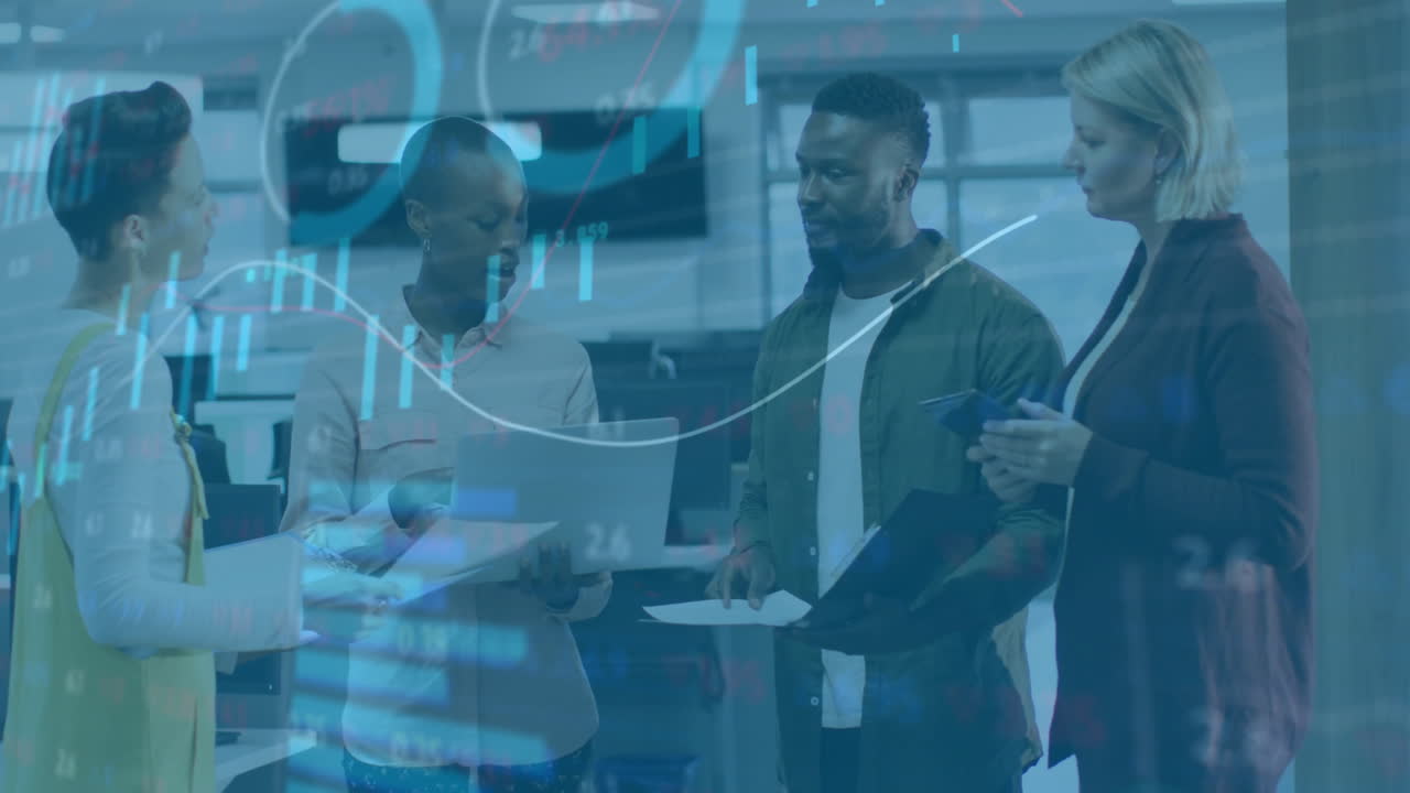 Animation of financial data processing over diverse colleagues discussing work in office