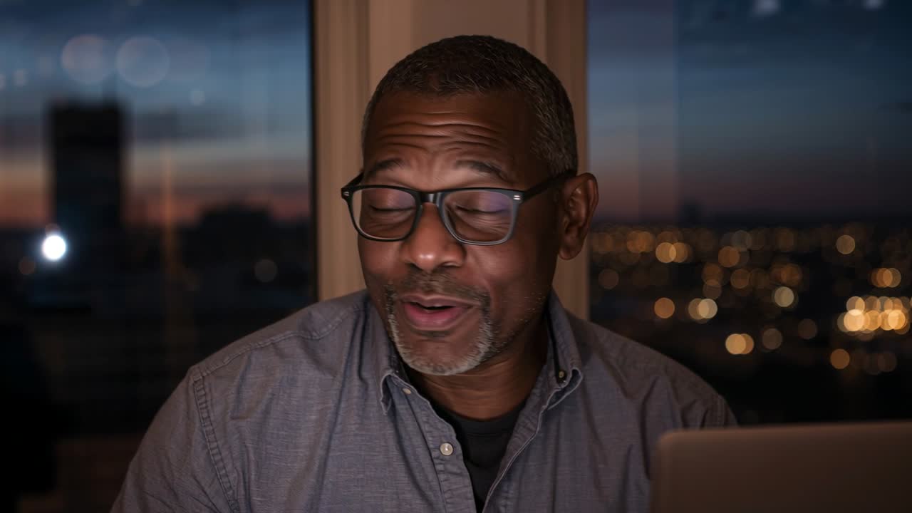 Receiving call, smiling man wearing gray shirt glasses reading, responding on laptop at home