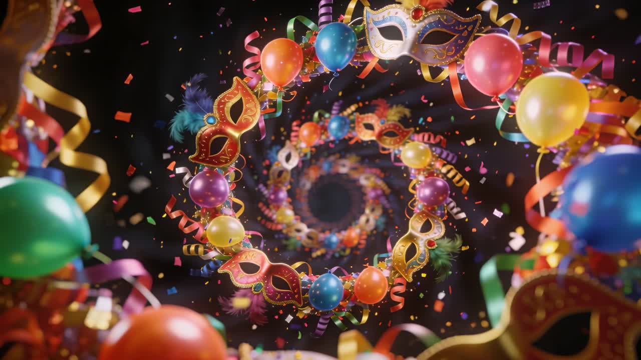 Telecamera in movimento che trascina una spirale rotante in un vortice scuro, incorniciando maschere, palloncini, nastri e coriandoli.