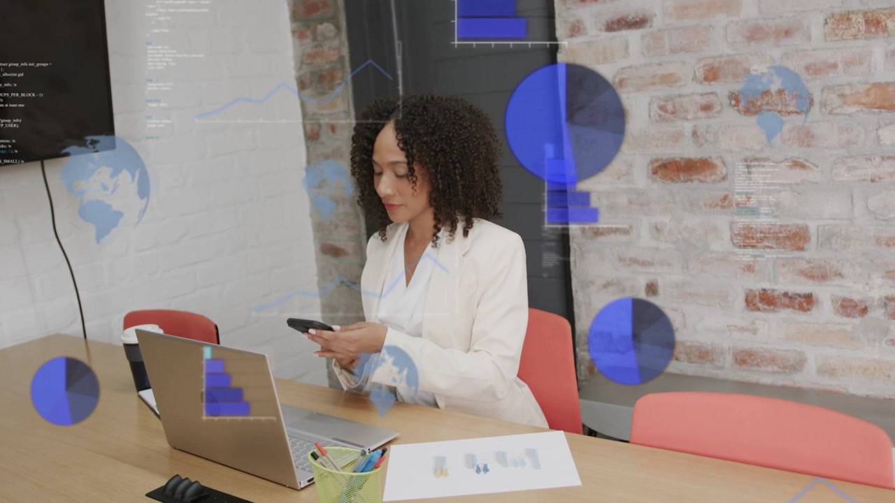 Woman tapping smartphone initiating animated business charts, glancing laptop and answering call