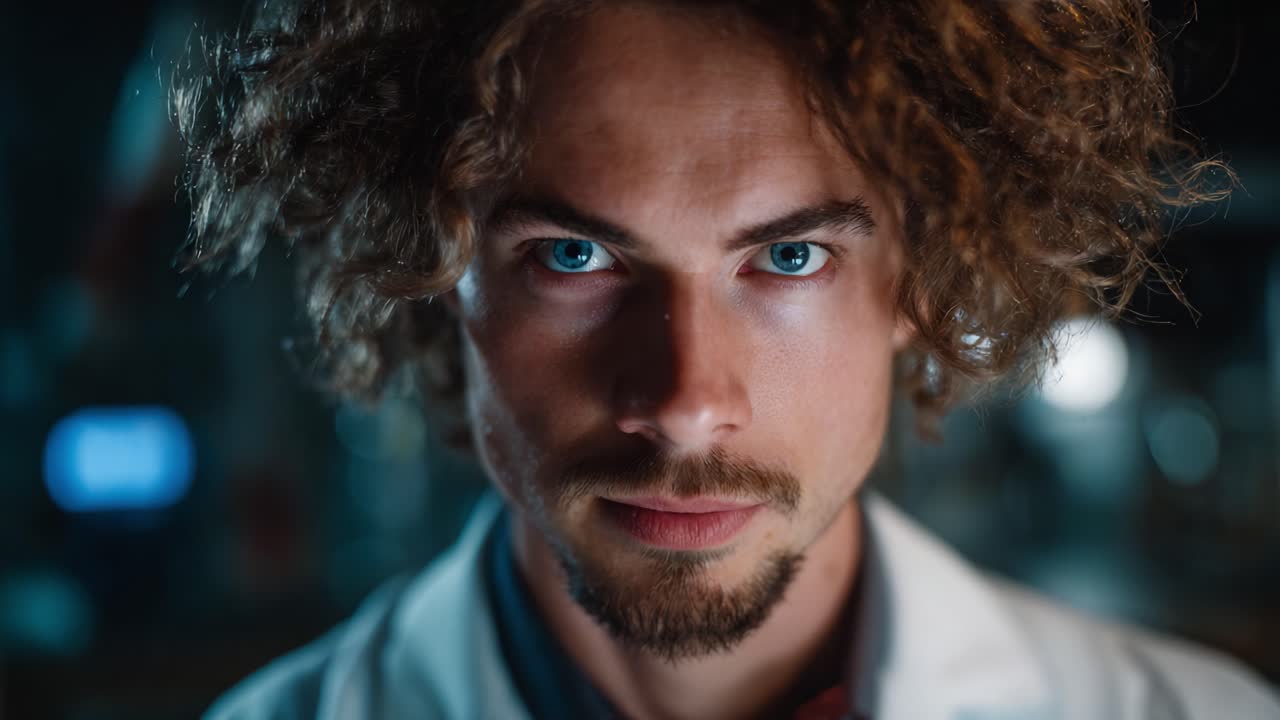 Ritratto intenso di una ricercatrice in un laboratorio, che mette in risalto l'espressione concentrata e l'acconciatura unica in un ambiente scientifico scarsamente illuminato