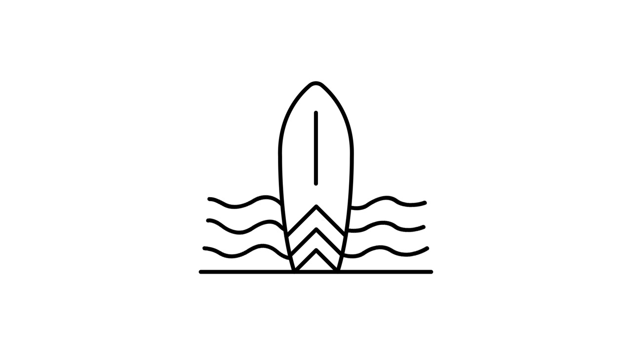 Animação em Arte Linear Minimalista de Prancha de Surf e Ondas