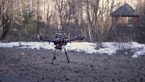 drone in a winter forest