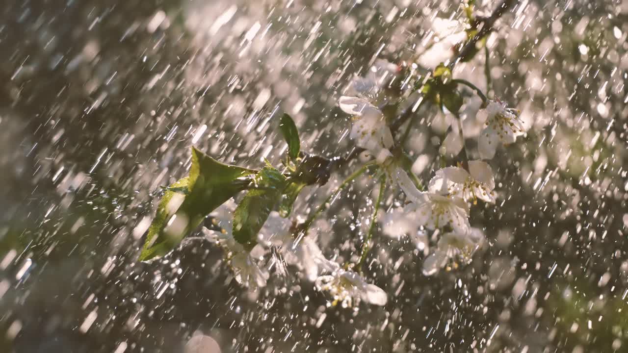 Cherry blossom period. Drops of spring rain fall on a cherry blossom. Shot on super slow motion camera 1000 fps.