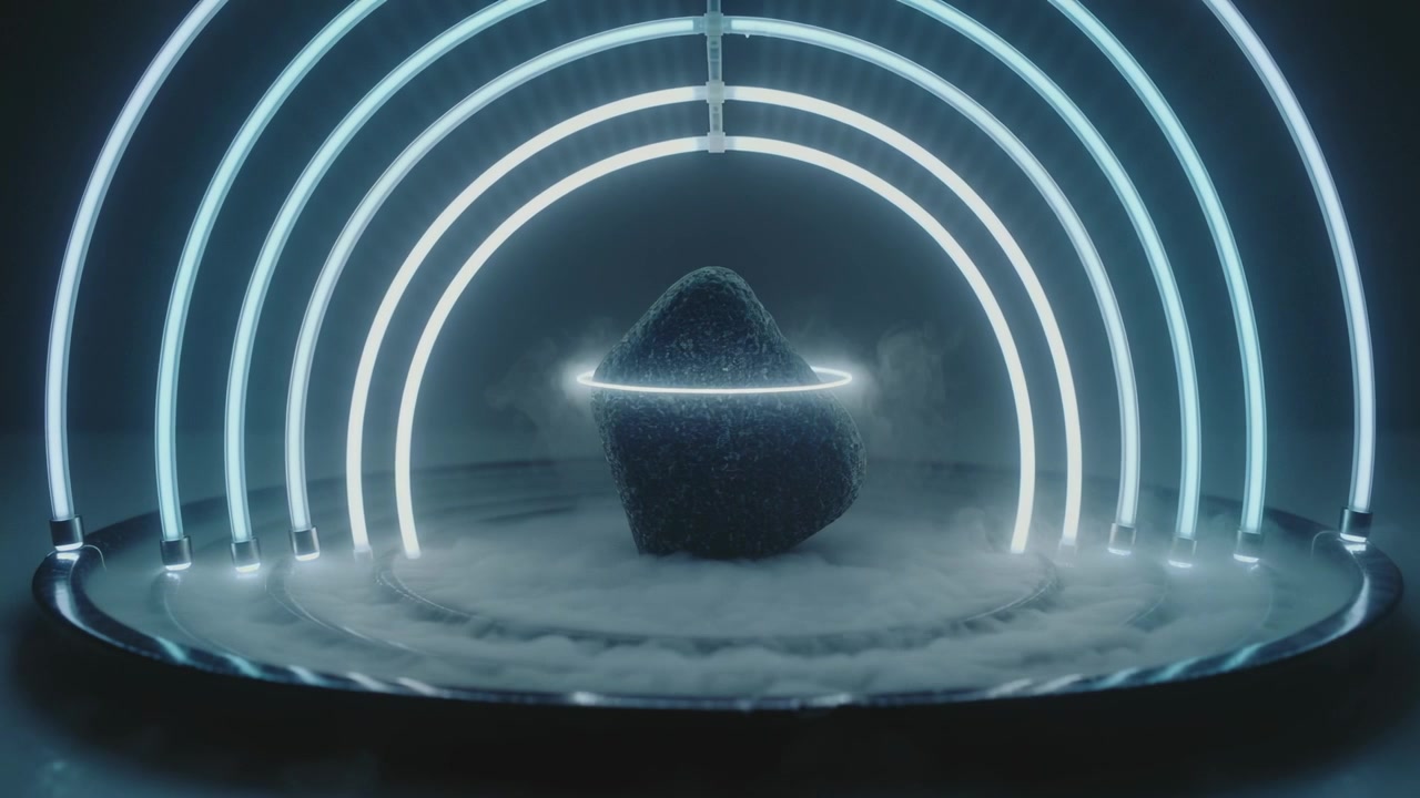 Lighting arches forming orbiting ring around textured rock on studio platform, fog lying